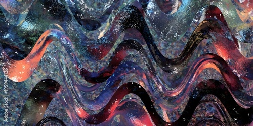 Expressive abstract artwork featuring layered wavy forms with a grunge, distressed paint texture.