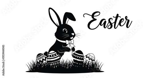 A charming black and white vector illustration shows a playful easter bunny in silhouette, nestled in grass and surrounded by beautifully patterned easter eggs, complemented by the elegant word "easte