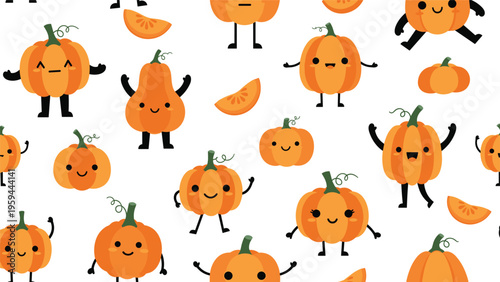 Adorable cartoon pumpkins with happy smiling faces and little legs create a fun autumn themed seamless pattern.