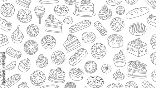 Extensive collection of delicious pastries and bakery items is illustrated in a seamless black line art pattern.