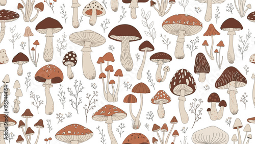 Assortment of wild forest mushrooms in various shapes and sizes forms a rustic seamless pattern on a white base.