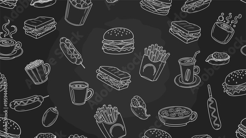 Fast food menu items like burgers fries and hot dogs are drawn in white chalk style on a dark background pattern.