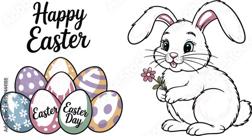Happy Easter greeting card with cute bunny, colorful painted eggs and spring flower, seasonal vector illustration