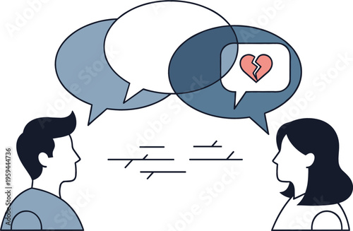 Relationship communication problem concept with couple arguing and broken heart symbol, vector illustration of conflict misunderstanding and emotional disconnect