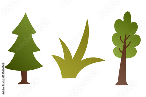 Minimalist Nature Icon Set - Grainy Textured Pine Tree, Grass, and Deciduous Tree