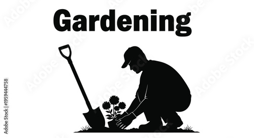 Silhouette graphic depicting a dedicated gardener actively planting small flowers into the soil using hands near a standing shovel labeled prominently with the word gardening.