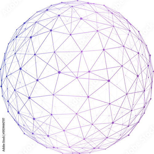 Minimal wireframe sphere with polygonal network lines and nodes isolated on transparent background modern digital technology design