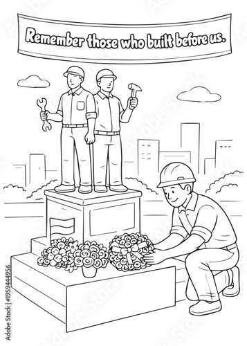 coloring book page honoring those who built before us with flowers and tribute display