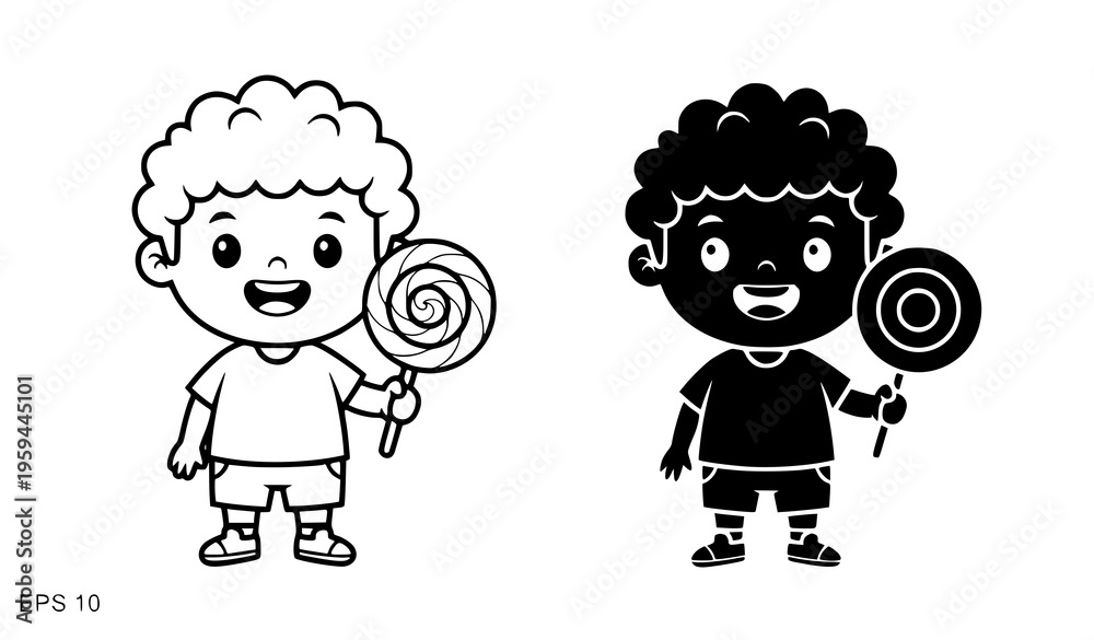 Fototapeta premium Boy with Lollipop Icon – Child Candy Pictogram Outline and Filled Style Vector