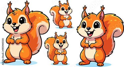Cute squirrel cartoon character set, 4 orange forest animal vector illustrations, happy chipmunk mascot collection for kids branding and education
