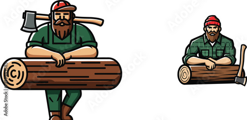 Lumberjack cartoon character carrying log with axe, rustic vector illustration of woodcutter worker in forest industry with strong bearded man design