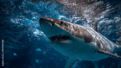 Fototapeta na wymiar Great White Shark Swimming Underwater with Motion and Water Splash in Dynamic Ocean Scene