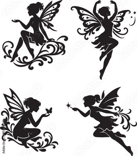 Set of fairy silhouettes with butterfly wings and magic wands on decorative floral swirls