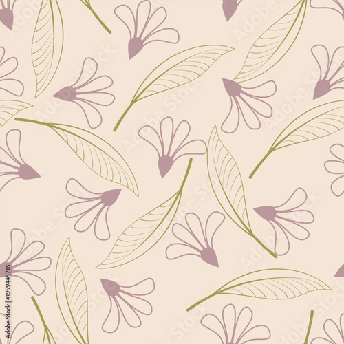Warm Boho Floral Seamless Pattern with Line Art Leaves for Wellness Branding. Ideal for yoga studios, wellness blogs, organic skincare packaging, and bohemian-inspired branding.