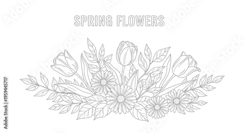 A captivating black and white line art illustration showcasing a delightful arrangement of various spring flowers and delicate botanical elements, including elegant tulips, cheerful daisies, and lush 