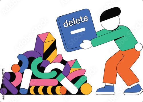 Digital data deletion concept: Person removing unnecessary information and decluttering abstract geometric shapes.