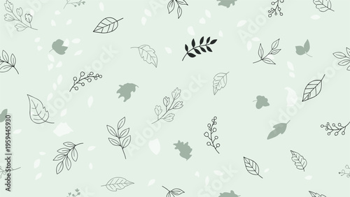 Soft botanical seamless pattern displays delicate line art leaves and abstract plant shapes on a pale mint green background.