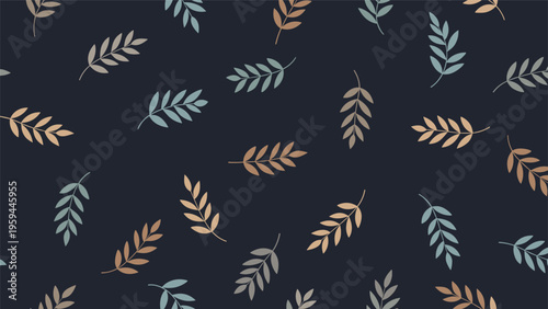 Simple leaf seamless pattern features small multi colored branches scattered across a dark navy blue or black background.
