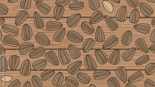 Food background pattern features a dense arrangement of striped sunflower seeds resting on a horizontal wooden plank surface.