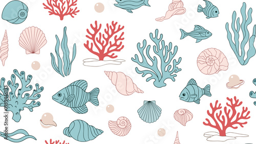 Charming seamless sea life pattern featuring blue fish, pink coral reefs, seashells, and pearls on white background.