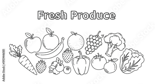 This delightful black and white line art illustration depicts an abundant variety of fresh produce, showcasing a mix of nutritious fruits and wholesome vegetables artistically arranged in a pleasing c