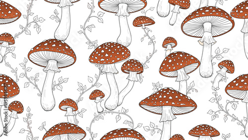 Traditional botanical seamless pattern featuring red fly agaric mushrooms with white spots and delicate leaf vines.