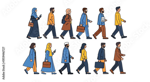 Diverse group of stylized Muslim men and women walking together representing community movement and modern Islamic professional life illustrated in flat design.