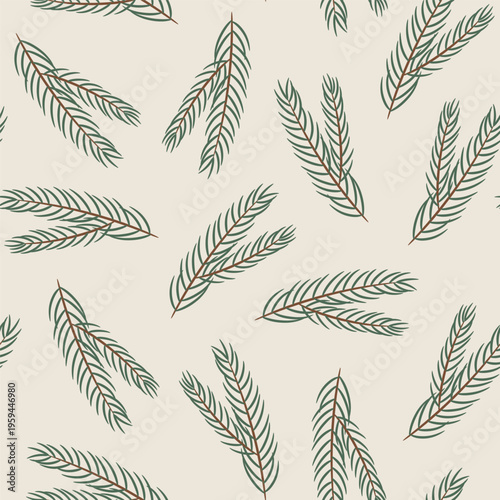 Seamless pattern featuring pine branches on a soft beige background. Vector background ideal for winter, Christmas or gift wrap.