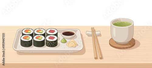 A plate of sushi rolls with chopsticks and green tea on a table