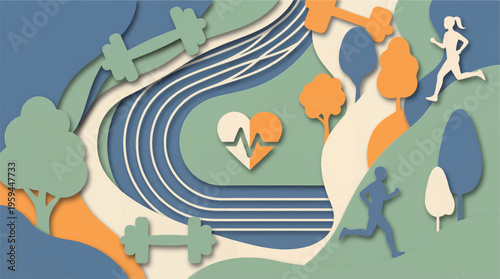 People jogging and running on a winding track with trees and heart rate lines