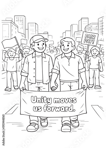 coloring book page uniting moves us forward with workers marching together