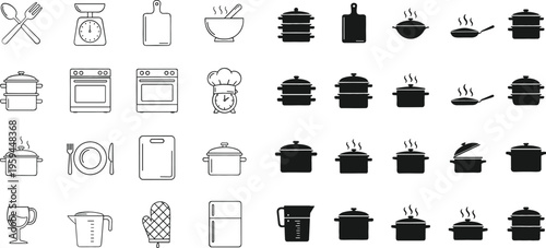 Kitchen cooking icons set with utensils and cookware, vector illustration collection of line and solid symbols for kitchen equipment and food preparation