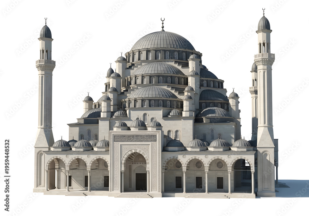 Fototapeta premium Large white mosque with two minarets and a dome, Islamic architecture