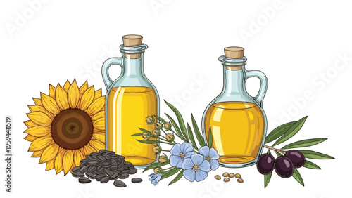 Two glass bottles filled with golden vegetable oil surrounded by sunflowers, flax flowers, olives, and seeds on white.