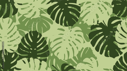 Monochromatic green seamless pattern with overlapping monstera deliciosa leaves creating a lush tropical foliage background.
