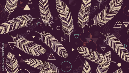 Stylish seamless pattern featuring detailed ethnic feathers and geometric shapes like triangles and circles on a deep purple background.
