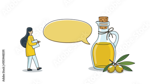 Woman holding a notepad walking towards a large bottle of olive oil with a yellow speech bubble for text on a white background.
