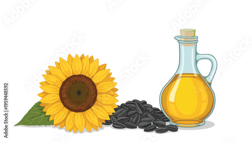 Illustration of a bright yellow sunflower, a pile of black seeds, and a glass bottle filled with clear sunflower oil on a white background.