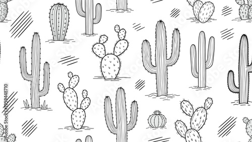 Minimalist seamless pattern featuring various cactus and succulent species in a black and white hand drawn line art style on a white background.