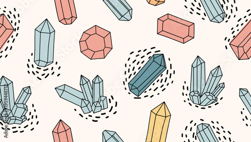 Trendy seamless pattern with various hand drawn crystals and gemstones in pastel colors like pink, blue, and yellow with black dot accents.