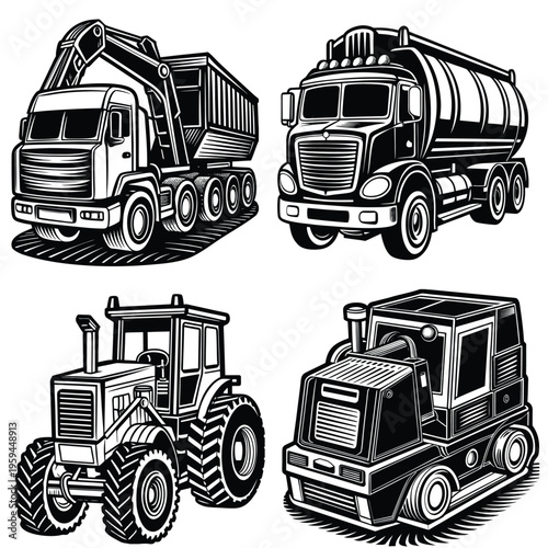 Heavy Tractor and Road Roller Construction Machinery Illustration