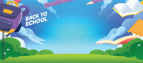 Back to school concept banner with educational supplies floating in blue sky over green park landscape including backpack books ruler and pencil for students