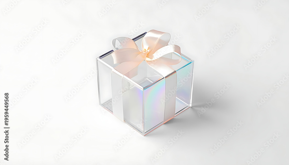 Obraz premium Transparent Iridescent Gift Box with Ribbon Bow Isolated on White Background