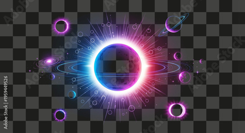 Vibrant cosmic energy illuminates a mysterious galaxy with radiant colorful planets and distant stars