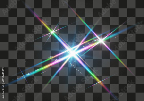 Dynamic optical lens flare effect featuring vibrant spectral light beams and strong dispersion