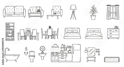 Collection of hand-drawn interior design elements and furniture sketches.