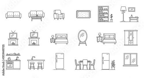 Collection of hand-drawn interior design furniture and room elements.