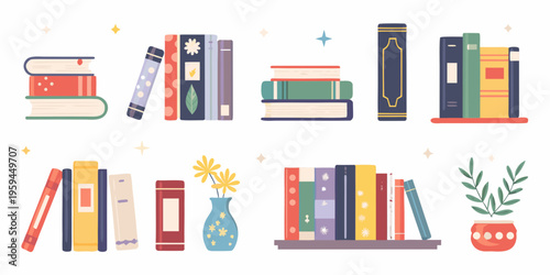 Colorful stacks of books with floral decorations and simple plant life