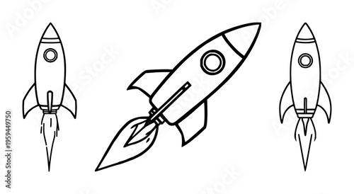 Rocket ship set with dynamic launch trajectory and flame effect featuring rocket, launchpad, propulsion with symbols and icons
