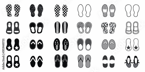 Collection of diverse footwear icons arranged in a grid pattern